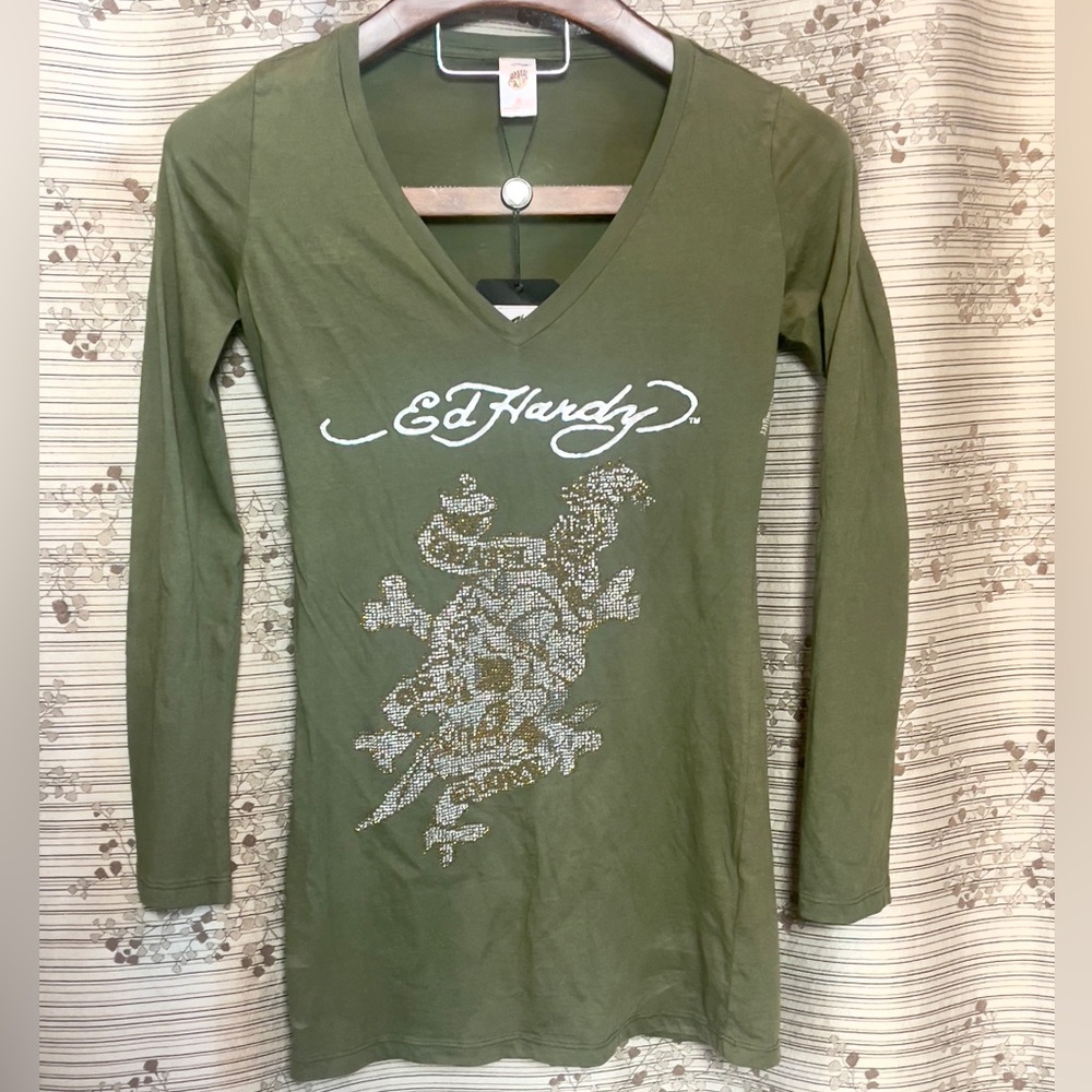 Ed Hardy Death or Glory Skull and Dagger Studded Long Sleeve V-neck Tee